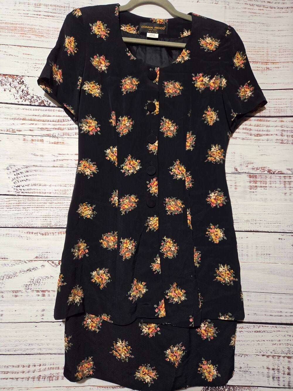 Donna Ricco Dress Ladies 4 Petite Black Yellow Floral Short Sleeve